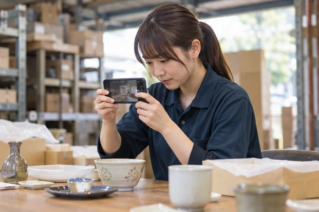 スマートフォンで品物を撮影する