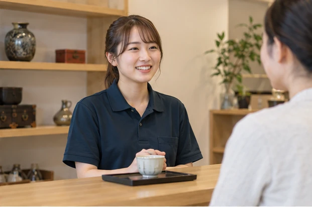 品物を前にお客様のお話を伺う
